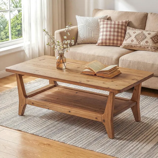 Little Trees LITTLE TREE Massief Houten Salontafel - 120 x 60 x 45 cm - 2‑Laags met opbergplank - Gladde hoeken‑eenvoudig te monteren - Woonkamertafel - Warm cederbruin
