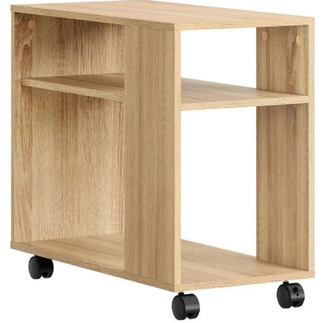 MokoHub Rollende Bijzettafel 2-Traps met Sleuven - Bijzettafel met Rol - Voor Woonkamer en Kantoor - 70x35x60 cm - Naturel