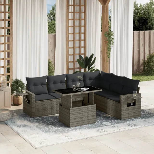 vidaXL 7-delige Loungeset met kussens poly rattan grijs, foto 2