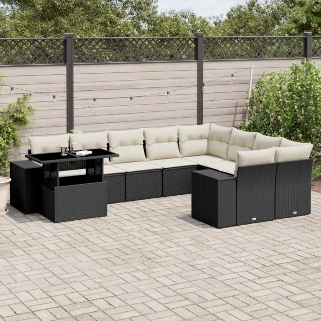 vidaXL 10-delige Loungeset met kussens poly rattan zwart, foto 2