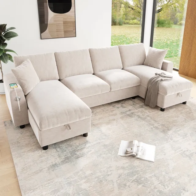 FloraGrace U-Bank 284 x 135 cm - Met Opbergruimte, USB-C En USB-A - Voor Woonkamer - Chenille - Beige