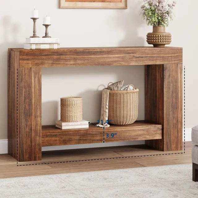Garvee Haltafel - Bijzettafel - Bijzettafel in landelijke stijl van 120 cm lang - Lange bijzettafel met twee planken en opbergruimte - Bruine bijzettafel - Geschikt voor de woonkamer, hal en gang - 120 × 80 × 30 cm