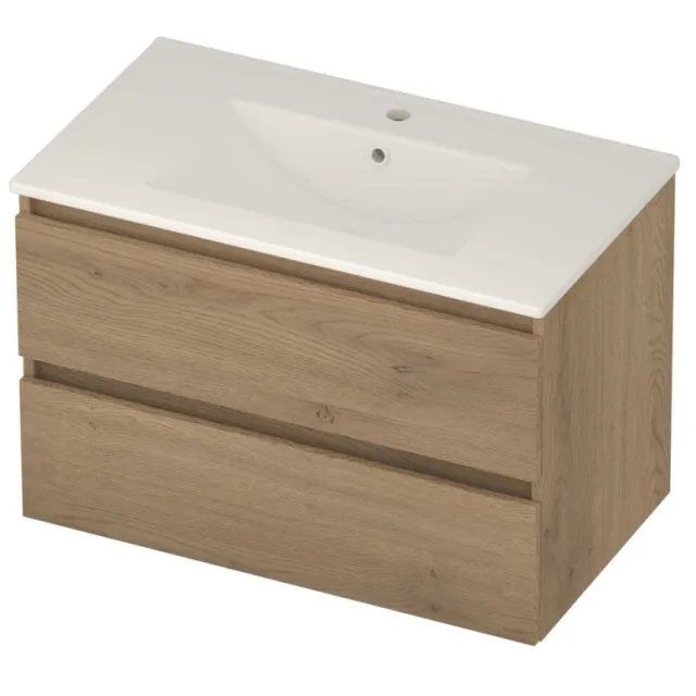 Basic-Line Coach 46 Badmeubelset Porselein 1 Kraangat Greeploos 80x46x54 cm Pure Oak Glans Wit
