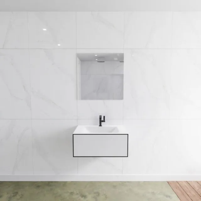 Mondiaz Badkamermeubelset Mondiaz LAGOM 70 cm met Gecentreerde Wastafel Solid Surface Met 1 Kraangat Mat Wit (1 lade)