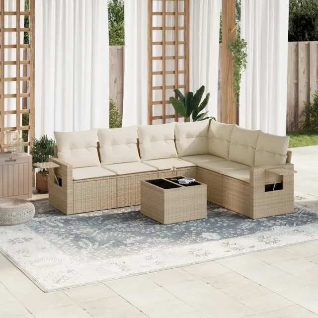 vidaXL 7-delige Loungeset met kussens poly rattan beige, foto 2