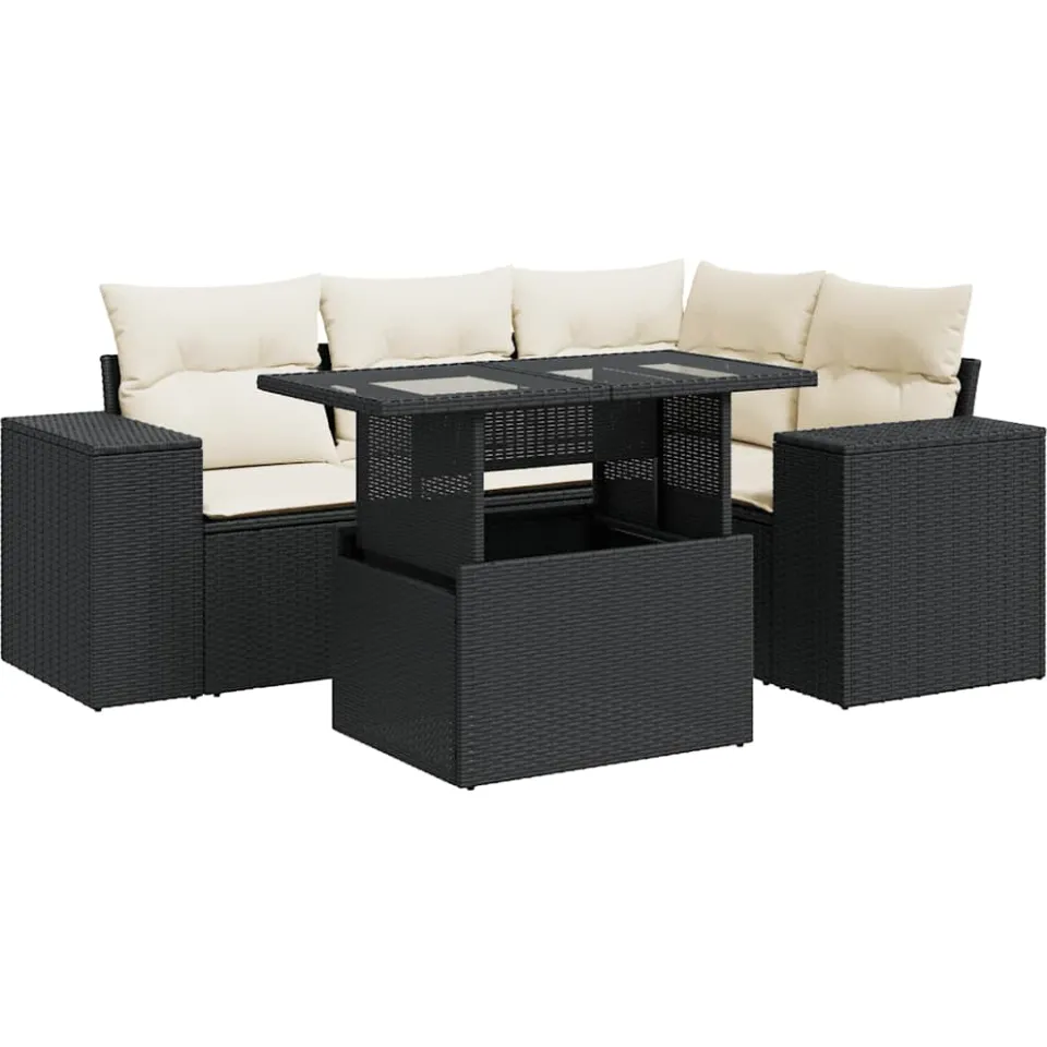 vidaXL 5-delige Loungeset met kussens poly rattan zwart, foto 3