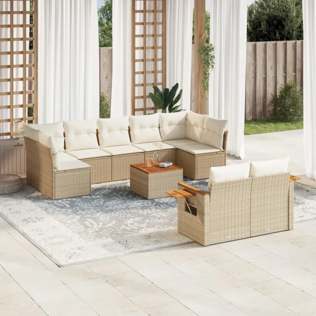 vidaXL 10-delige Loungeset met kussens poly rattan beige, foto 2