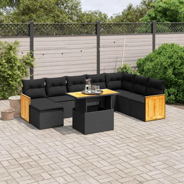 vidaXL 9-delige Loungeset met kussens poly rattan zwart, foto 2