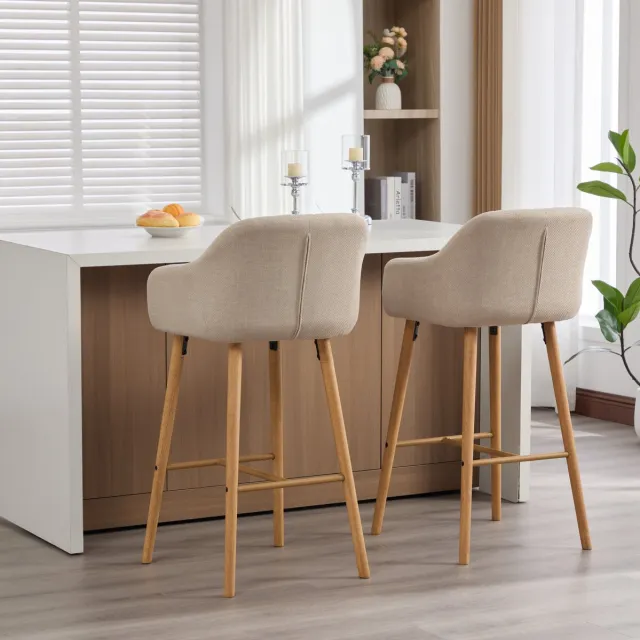 DESMIU Barkruk 58,5 x 55 x 104 cm - Set Van 2 Met Hoge Rugleuning En Armleuningen - Voor Keuken En Keukeneiland - Stof Beige