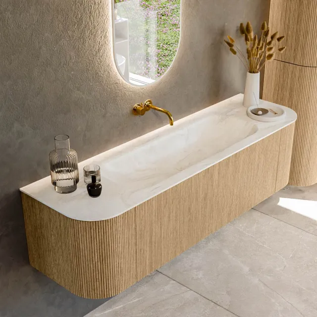 Mondiaz KURVE-DLUX 160 cm Onderkast Greeploos 1 Lade Met Deuren Oak, Wastafel Solid Surface Midden Ostra 0 Kraangaten Zonder Spiegel (KRVBGM160L+R1L2D0KM-Oak/Ost)