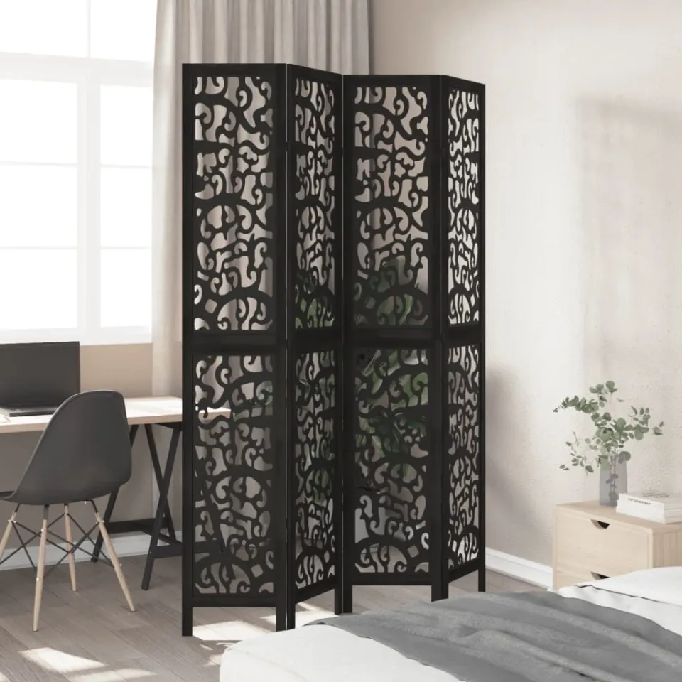 vidaXL Kamerscherm met 4 panelen massief paulowniahout zwart, foto 3
