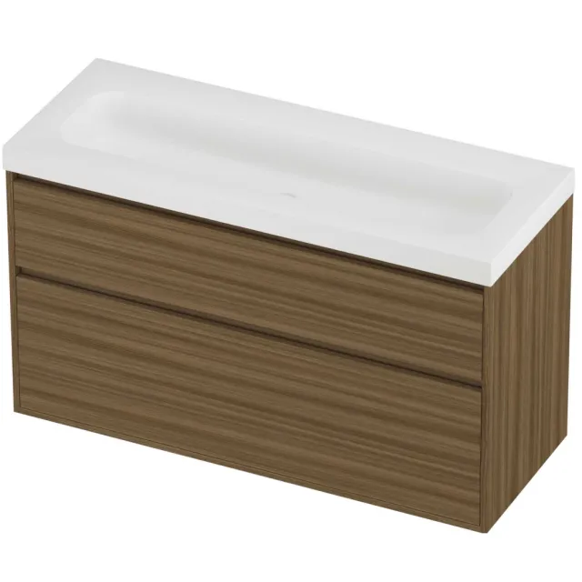Proline Haga Badmeubelset Polystone Mezza 2 Laden 120x46x73 cm Mat White Caramel Walnut Houtlook