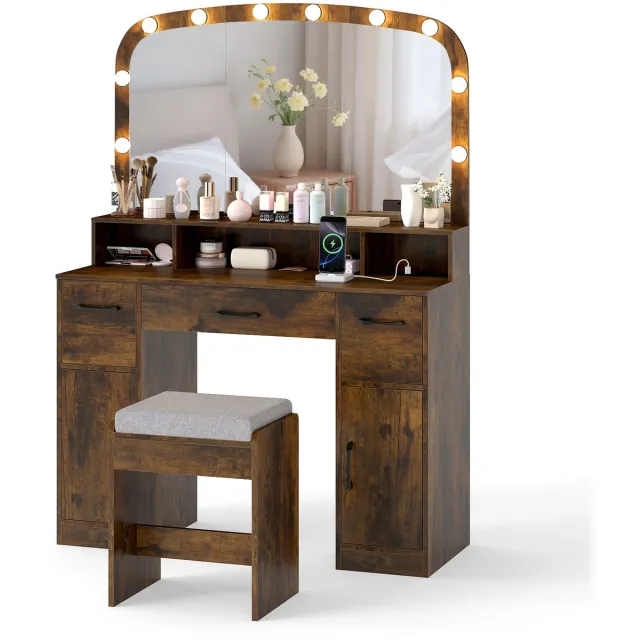 Costway Make-uptafel met make-upkruk en 3 lichtkleuren led-spiegel, kaptafel met laadstation, 3 laden, 2 kasten, make-uptafel incl. cosmeticakruk, 108 x 40 x 149 cm (bruin)