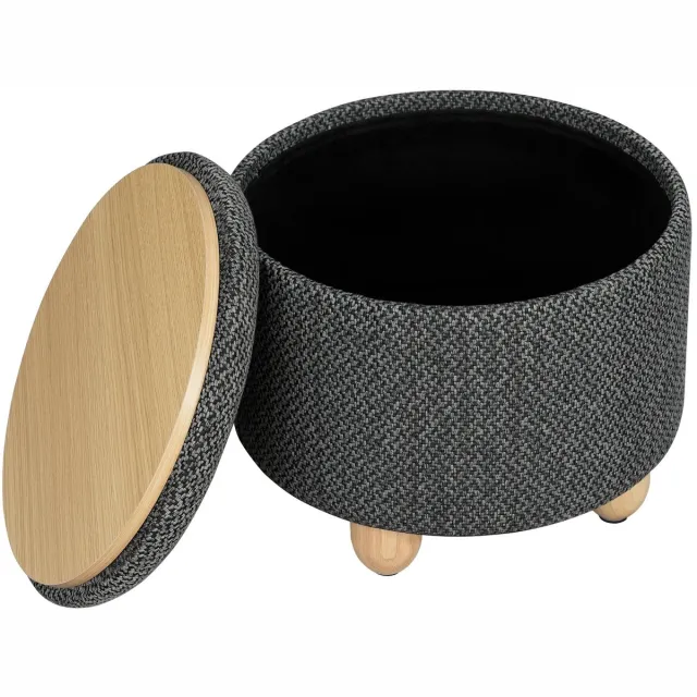Stervia Stervia Poef - Opbergpoef - Met Opbergruimte - Houten Theeblad - Rond - Donkergrijs - 39 x 39 x 33 cm