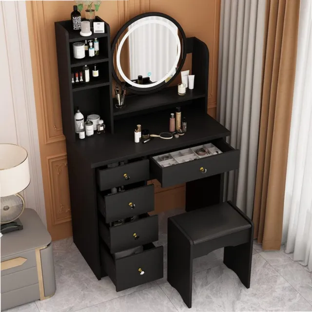 Sierra Make-uptafel met ledverlichting en 5 laden, kaptafel met 4 open vakken, kaptafel met ronde spiegel, make-uptafel, met kruk, make-uptafel, zwart, 80 x 40 x 135 cm (b x d x h)