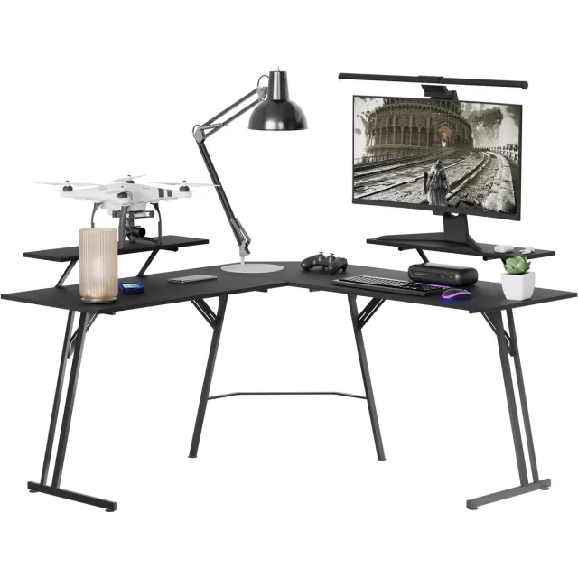 Froadp Grande table Bureau Bureau d'angle Bureau d'ordinateur en forme de L Bureau PC ergonomique Avec coin 140X73x50cm Multifonctionnel Construction robuste (avec supports d'écran) Zwart