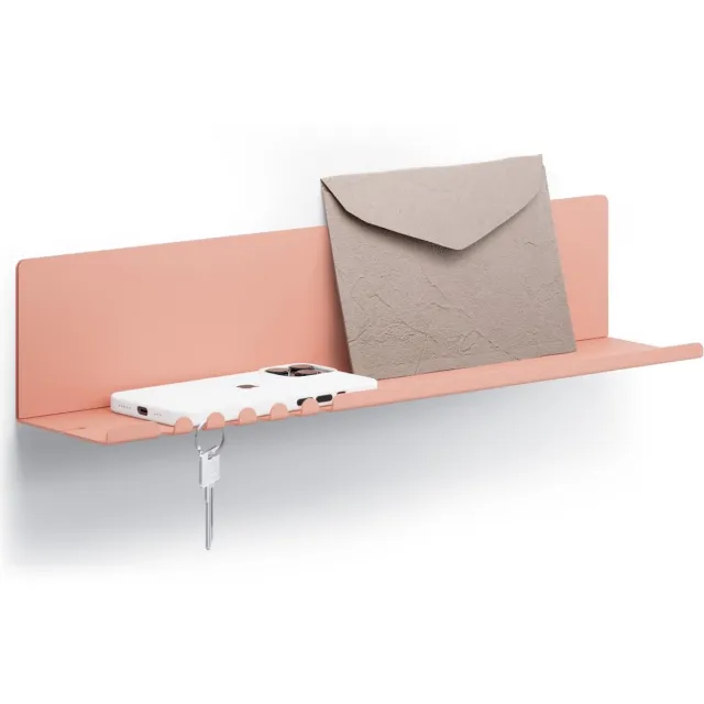 Byde wandplank 44 x 9 x 9 cm met 5 haken en kabelhouder. Hangplank van gepoedercoat plaatstaal. Sleutelrek en brievenbus voor hal, keuken en kantoor. Kleur: beige en rood. Beige Rood