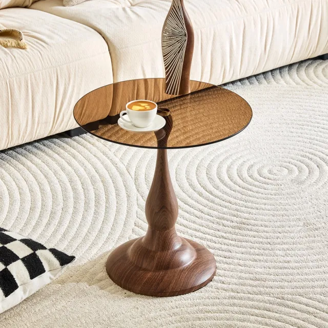HAUSS SPOLE Bijzettafel - Ronde Tafel Van Gehard Glas Met Stabiele Voet - Voor Woonkamer En Slaapkamer - Glas En Metaal - 50 x 51,5 Cm - Bruin