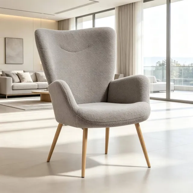 OKWISH Fauteuil 71 x 74 x 97,5 cm - Hoge Rugleuning Met Geïntegreerde Armleuningen - Voor Woonkamer Slaapkamer Of Leeshoek - Stof En Metaal - Grijs