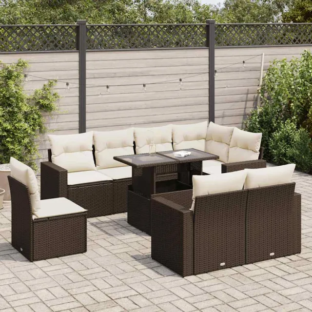 vidaXL 9-delige Loungeset met kussens poly rattan bruin, foto 2