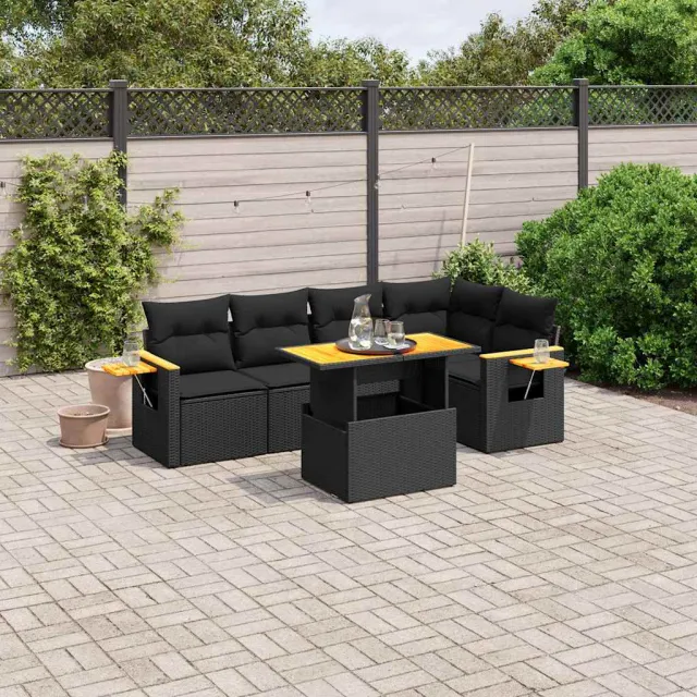 vidaXL 6-delige Loungeset met kussens poly rattan zwart, foto 2