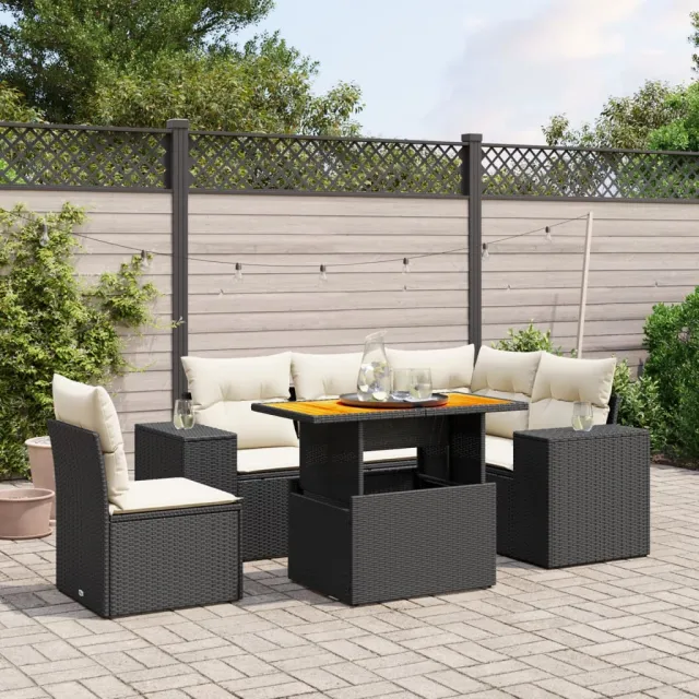 vidaXL 6-delige Loungeset met kussens poly rattan zwart, foto 2