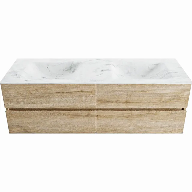 Mondiaz VICA-DLUX 150cm badmeubel onderkast Washed Oak 4 lades. Inbouw wastafel CLOUD dubbel zonder kraangat, kleur Opalo.