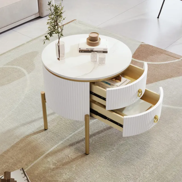Sweiko Salontafel, Bijzettafel, Salontafel met Speciale Decoratieve lades, Marmeren structuur, gouden poten en handvatten, Verstelbaar, Wit