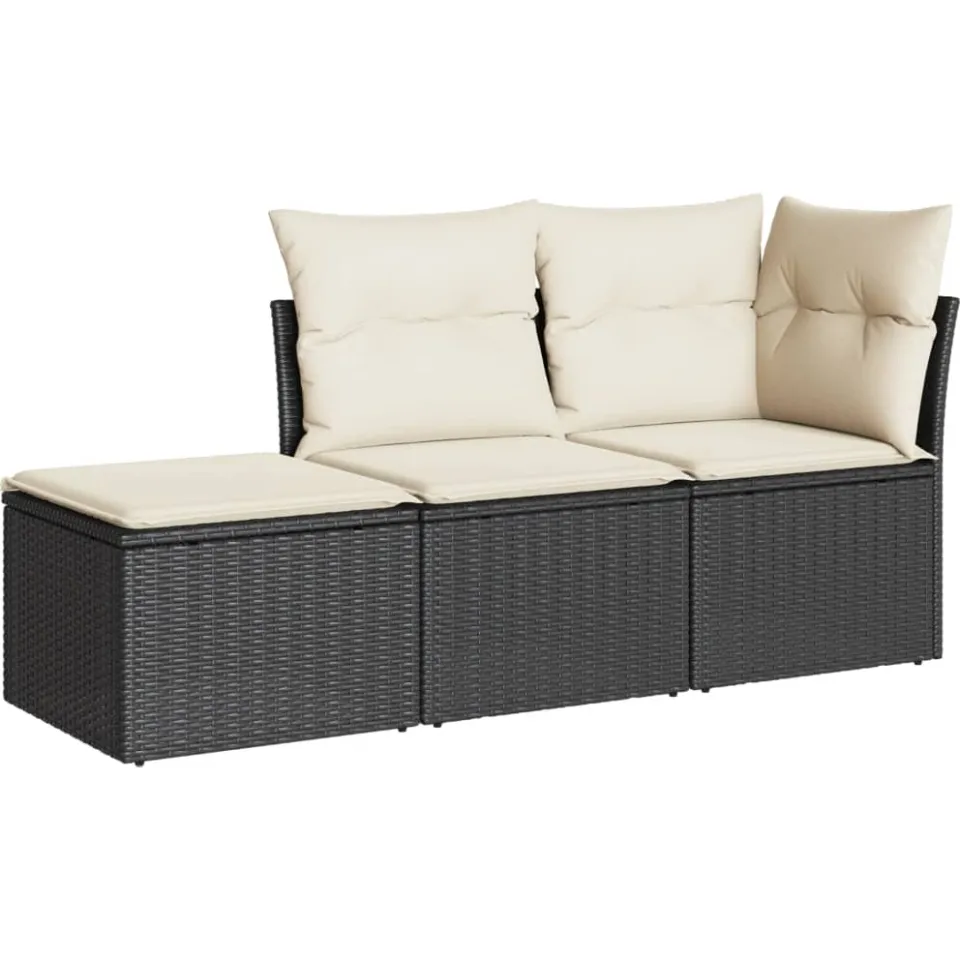 vidaXL 3-delige Loungeset met kussens poly rattan zwart, foto 3
