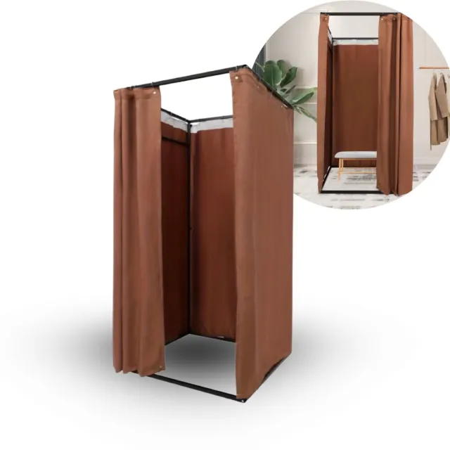 Mainius Vrijstaande Paskamer met Gordijn – 100x100x200cm – Draagbare Kleedruimte voor Winkel, Beurs & Studio – Bruin Pashokje – Privacy Scherm – Draagbaar Pashok – Kleedcabines