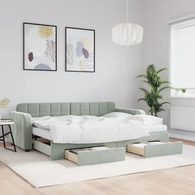 vidaXL Slaapbank onderschuifbed en lades 80x200 cm fluweel lichtgrijs grijs