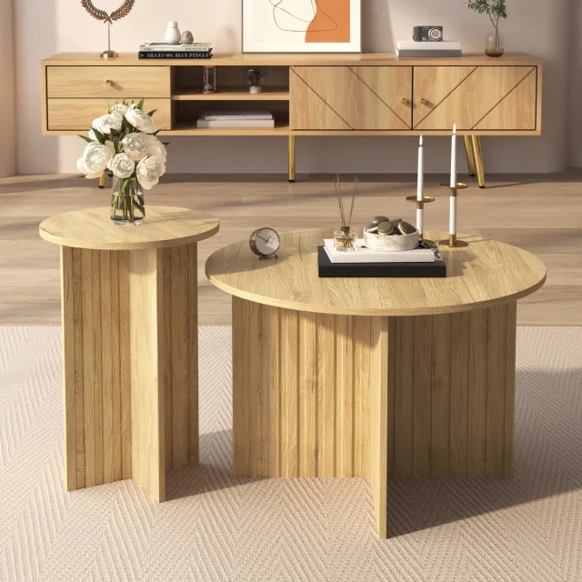FLIEKS Moderne tweedelige houten genestelde tafels - ronde salontafel en bijzettafel - Scandinavisch ontwerp Houtkleur