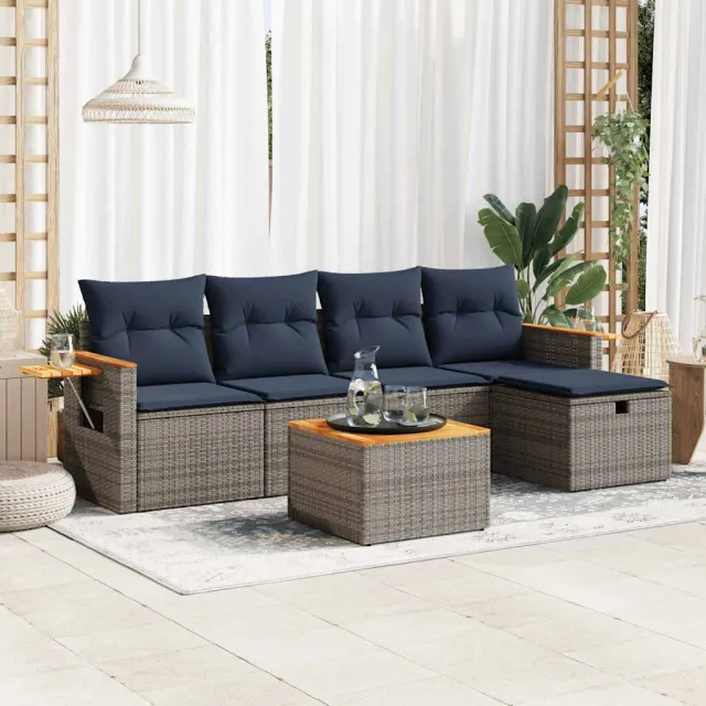 vidaXL 6-delige Loungeset met kussens poly rattan grijs, foto 2