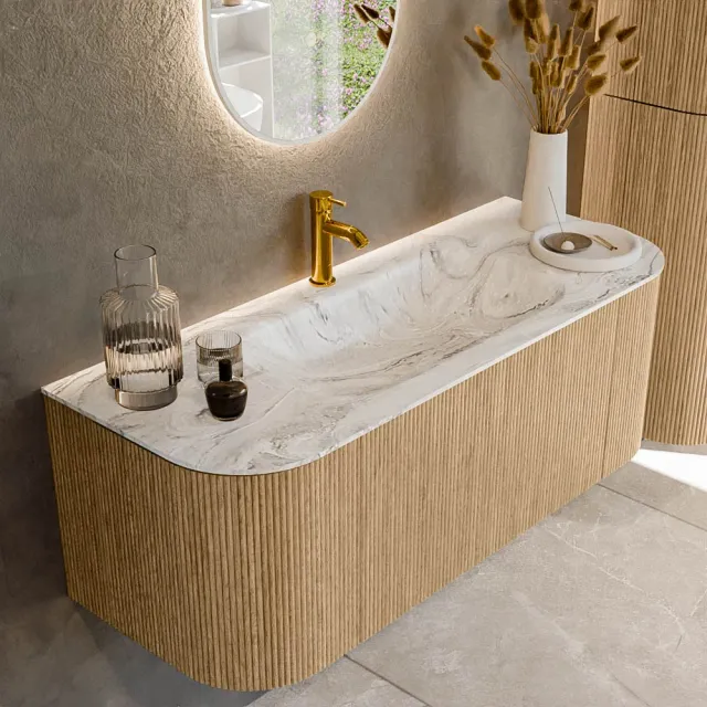 Mondiaz KURVE-DLUX 120 cm Onderkast Greeploos 1 Lade Met Deuren Oak, Wastafel Solid Surface Midden Glace 1 Kraangat Zonder Spiegel (KRVBGS120L+R1L2D1KM-Oak/Gla)