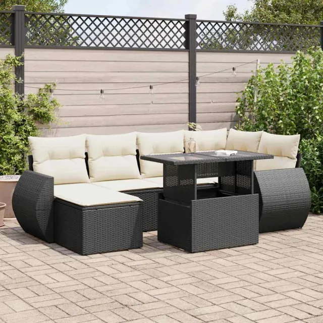 vidaXL 7-delige Loungeset met kussens poly rattan zwart, foto 2