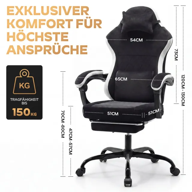MODENUIT Gamingstoel 58,5 x 63 x 120,5 cm - Verstelbare Rugleuning - Voor Kantoor - Stof - Zwart en Wit