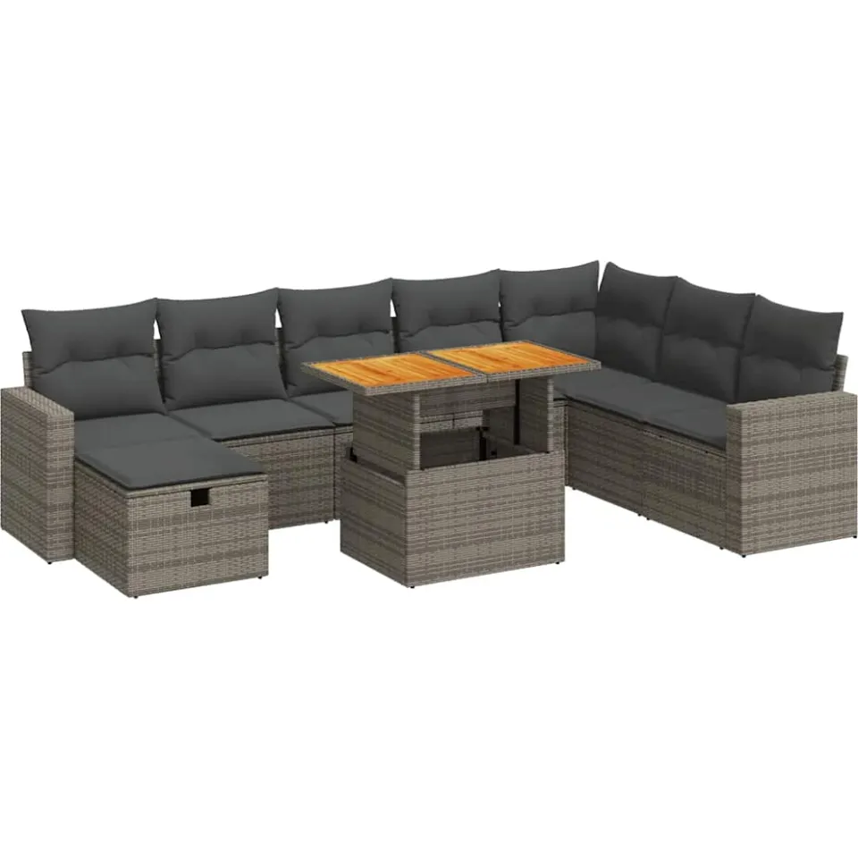 vidaXL 9-delige Loungeset met kussens poly rattan acacia grijs, foto 3