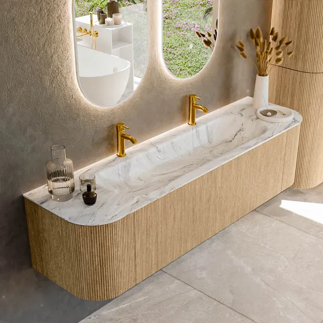Mondiaz KURVE-DLUX 170 cm Onderkast Greeploos 1 Lade Met Deuren Oak, Wastafel Solid Surface Midden Glace 2 Kraangaten Zonder Spiegel (KRVBGL170L+R1L2D2KM-Oak/Gla)