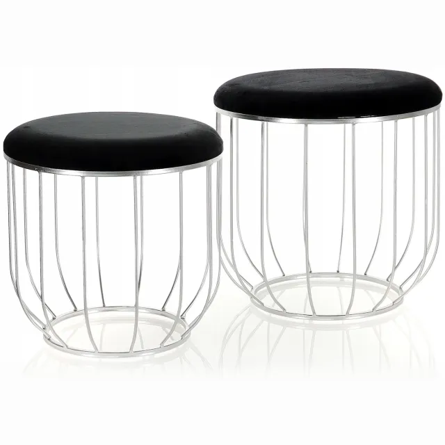 Messa Home Set van 2 zwarte fluwelen poefs Ribera met zilveren frame