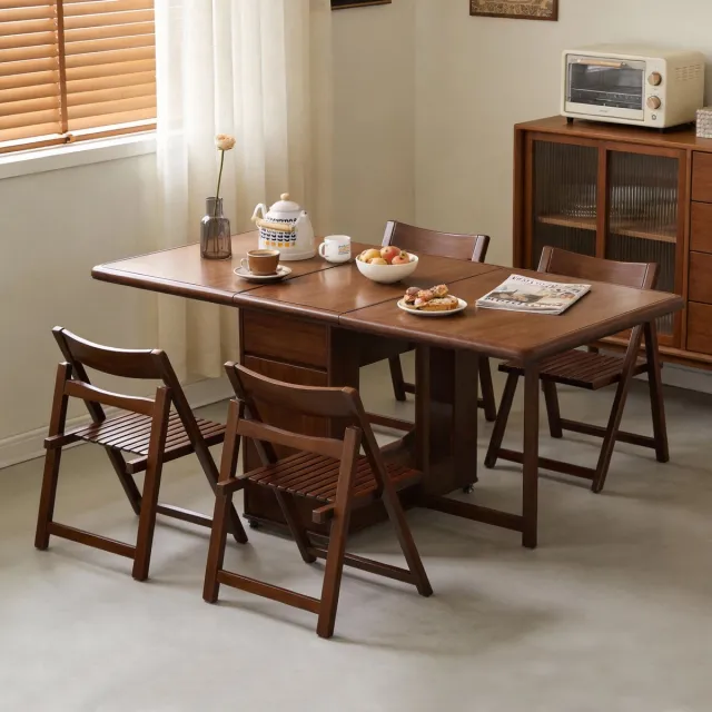 OLEYLUCKIDEA oleylucklive-Eettafel Inklapbare| Eettafel Uitschuifbaar| Opvouwbaar| Ruimtebesparend Klaptafel| Modern en Stijlvol| Donkere Walnoot| 150x80x75 cm| met 4 stoelen bruin