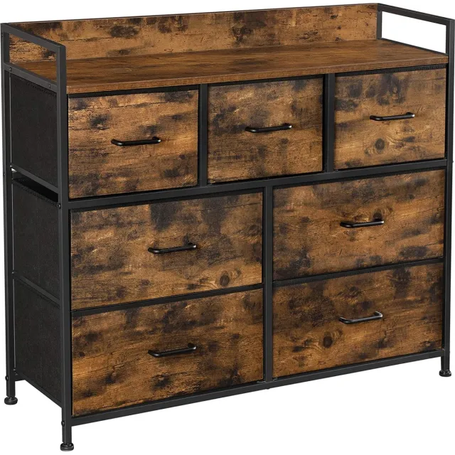 Naqsh Store Commode, kast, 7 stoffen laden met handgrepen, metalen frame, industrieel design, vintage bruin-zwart LTS137B01