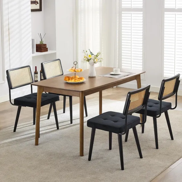 HOERFURIY Rotan Eetkamerstoelen Set van 4 - Hoge Cane Stoelen Zwart Hout & Linnen