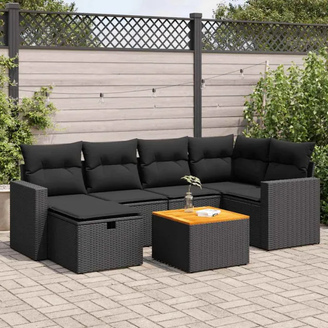 vidaXL 7-delige Loungeset met kussens poly rattan zwart, foto 2