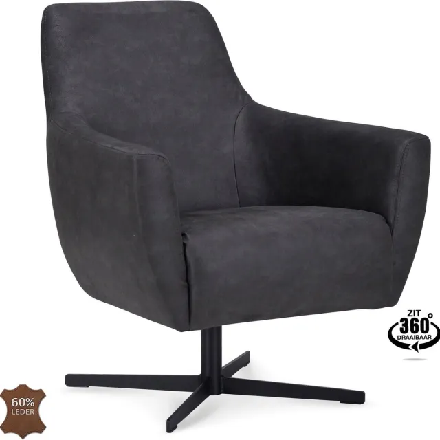 Icon Living Fauteuil Pearl - Microleder Bull Anthracite - Poot Zwart 360° Draaibaar