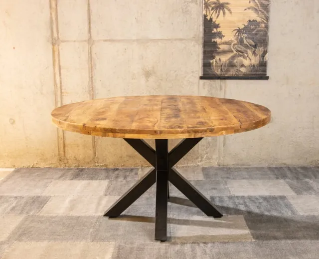 Meubelplaats Ronde Mango Eettafel Spider 100x100x77 cm - 5 cm dik blad - Industrieel Design - Massief Mangohout Bruin