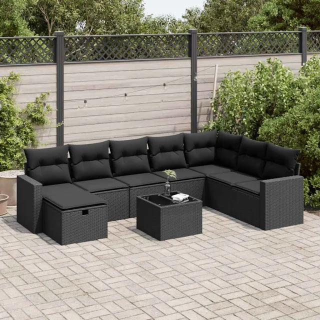 vidaXL 9-delige Loungeset met kussens poly rattan zwart, foto 2
