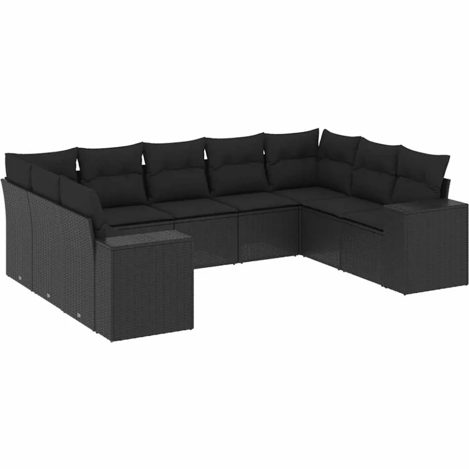 vidaXL 9-delige Loungeset met kussens poly rattan zwart, foto 3