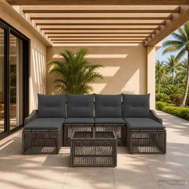 vidaXL Tuinbankenset 7 st 6-zits Grijs poly rattan, foto 2