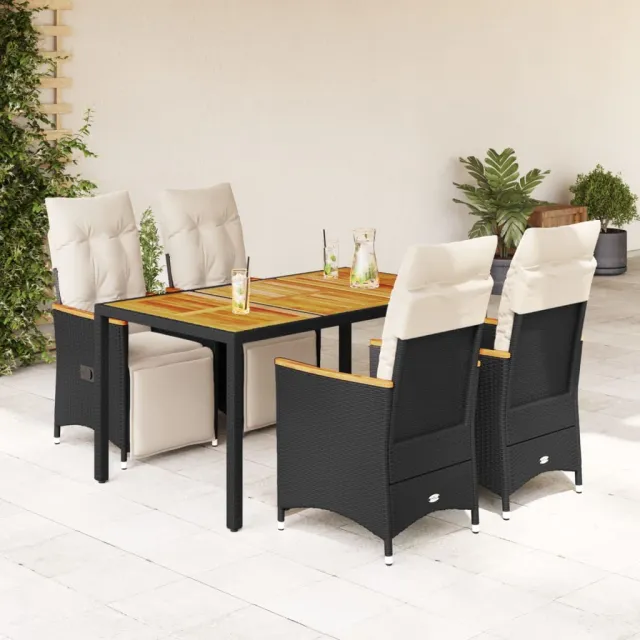 vidaXL 5-delige Bistroset met kussens poly rattan zwart