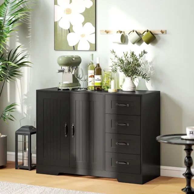 MEUNIQ dressoir 105 x 40 x 76 cm met 4 lades en kast met verstelbare plank, opbergkast voor woonkamer of eetkamer, zwart Black